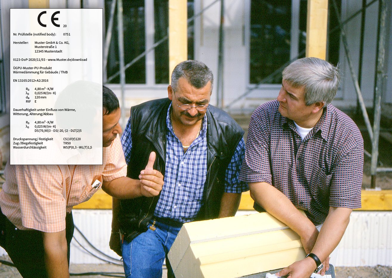 Zertifizierte PU-Dämmstoffe Musteretikett mit Ausschnitt CE-Kennzeichnung für PU Dämmstoffe